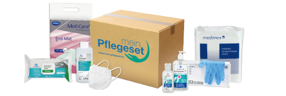 Pflegeset mit verschiedenen medizinischen Produkten, darunter Einmalhandschuhe, Desinfektionsmittel, Gesichtsmasken, Feuchttücher, Saugunterlagen und eine Bettschutzeinlage von MoliCare. Im Zentrum steht ein brauner Karton mit der Aufschrift ‚mein Pflegeset‘ und der Website ‚www.mein-pflegeset.de‘.
