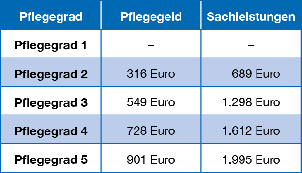 Übersicht Pflegegeld und Pflegesachleistung nach Pflegegrad