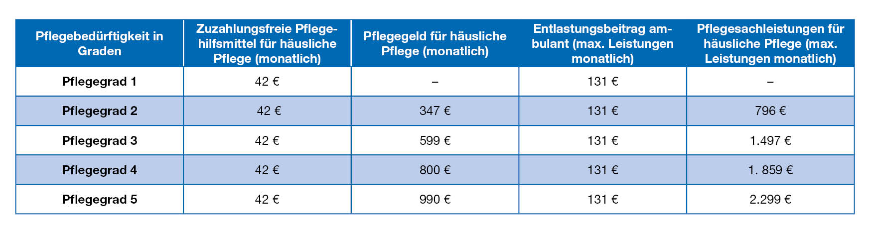 Die Tabelle zeigt die Leistungen der Pflegeversicherung nach Pflegegrad. Sie umfasst die monatlichen Beträge für zuzahlungsfreie Pflegehilfsmittel (42 €), das Pflegegeld für häusliche Pflege (ab Pflegegrad 2), den Entlastungsbetrag für ambulante Leistungen (131 €) sowie die maximalen Pflegesachleistungen für häusliche Pflege, die mit zunehmendem Pflegegrad steigen. Pflegegrad 1 erhält kein Pflegegeld, kann aber den Entlastungsbetrag nutzen. Ab Pflegegrad 2 stehen steigende Leistungen für Pflegegeld und Pflegesachleistungen zur Verfügung.