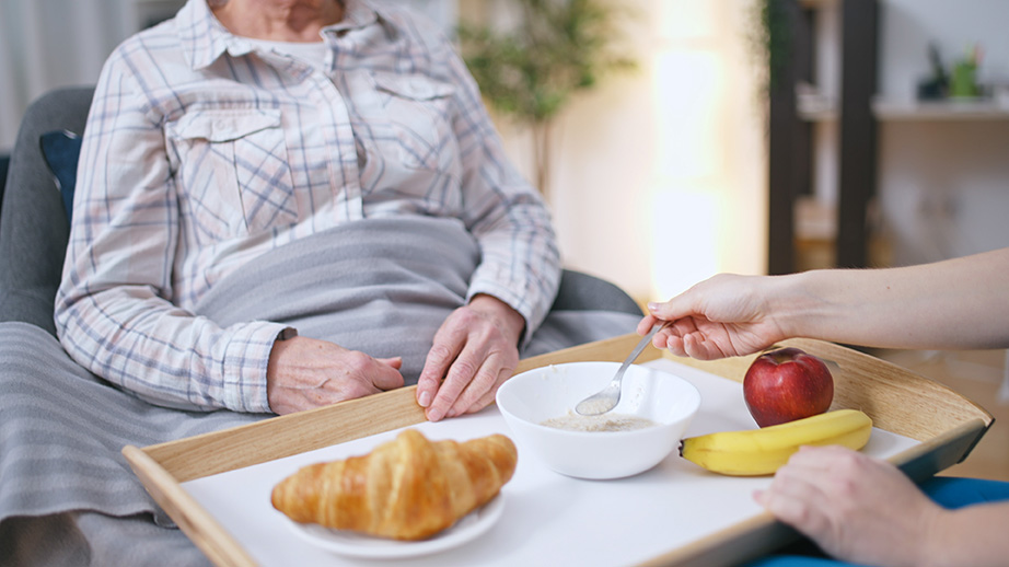 Ältere Person sitzt mit einer Decke auf dem Schoß in einem Sessel, während eine Pflegekraft ein Frühstückstablett mit einem Croissant, einer Schüssel Brei, einem Apfel und einer Banane vor ihr hält. Die Pflegekraft reicht der Person einen Löffel Brei. Die Szene spielt in einem gemütlich eingerichteten Raum mit Pflanzen im Hintergrund.